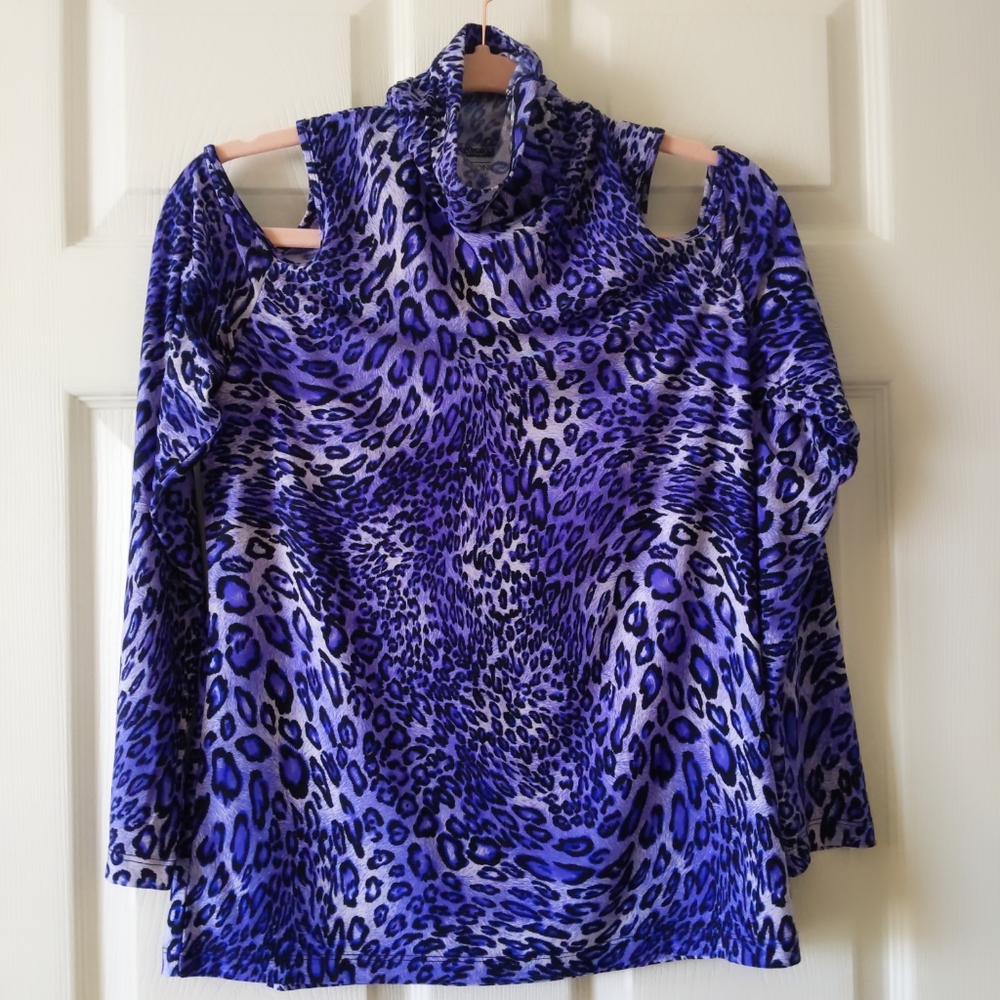 Simonton Says Purple Blue Leopard Print Cold Shoulder Shirt Small